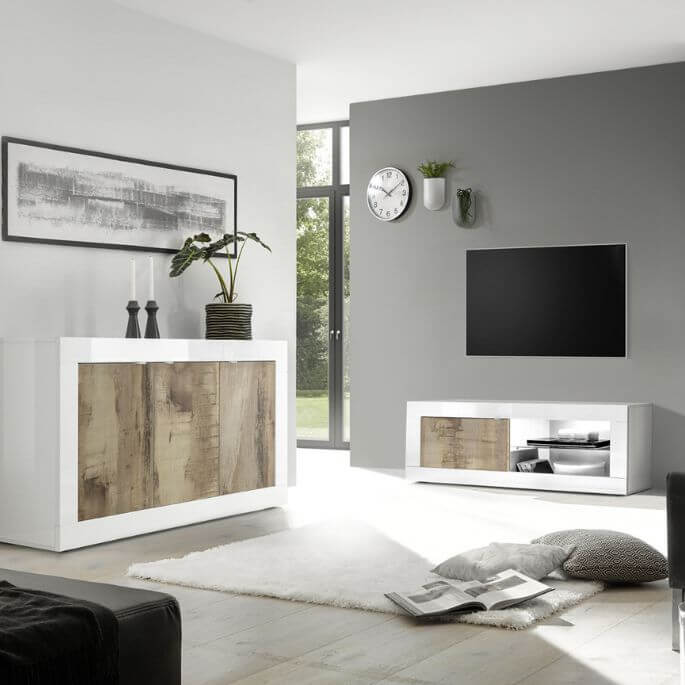 Meuble TV moderne 140 cm blanc/chêne pero Agathe